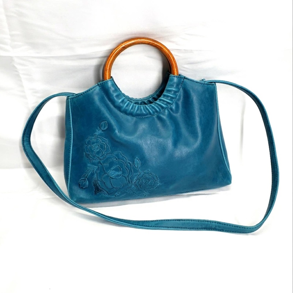 Fossil Teal Leather Mini Bag with Wooden Handles